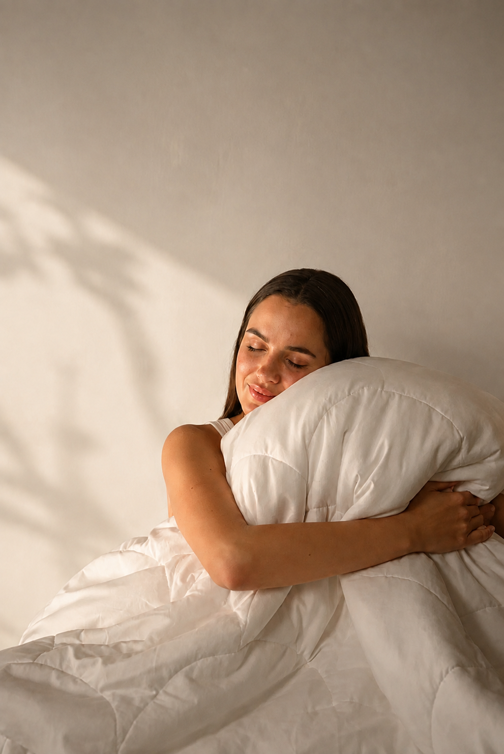A woman in bed hugging a white Larke duvet