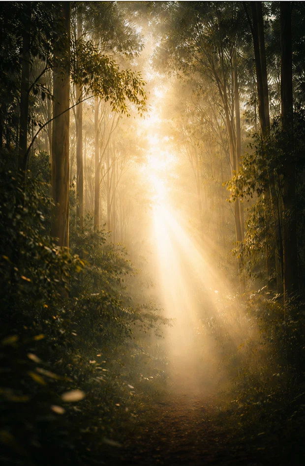 Sunlight breaking through a dark woodland